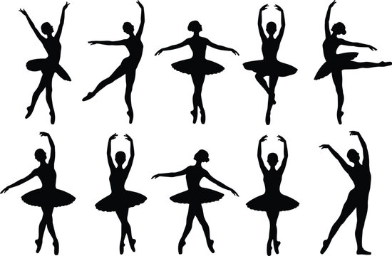 Black silhouette illustrations of ballet dancers in classical poses with tutus and pointe shoes, symbolizing dance, elegance, performance, and artistic concepts