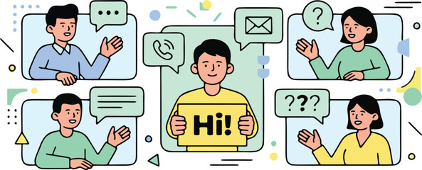 Fototapeta premium Modern flat people communication illustration with chat bubbles and social interaction concept
