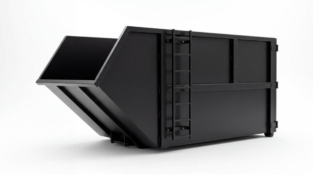 Empty black roll-off dumpster, a modern waste container for construction and demolition, isolated on white background