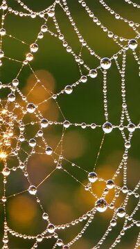 Extreme macro of spider web strands with evenly-spaced spherical dew drops, each drop refracting fish-eye garden image, soft green-gold foliage bokeh, morning light, nature engineering.