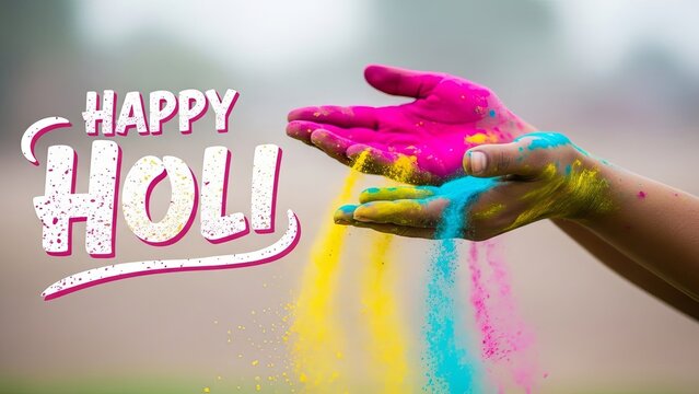 Hands covered in colorful holi powder with happy holi text
