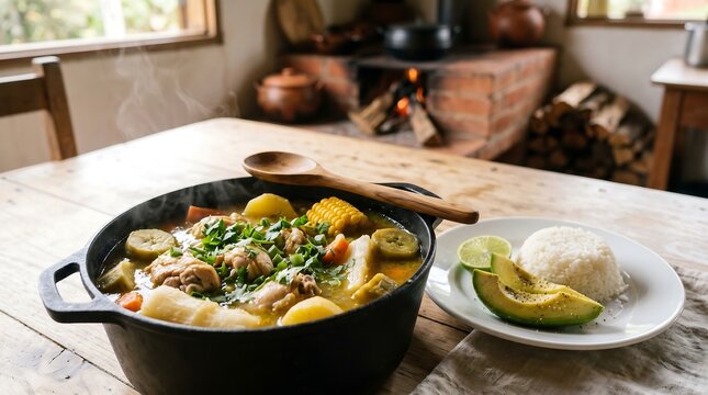 sancocho in black cast iron pot, positioned in the lower left third on a light wood table