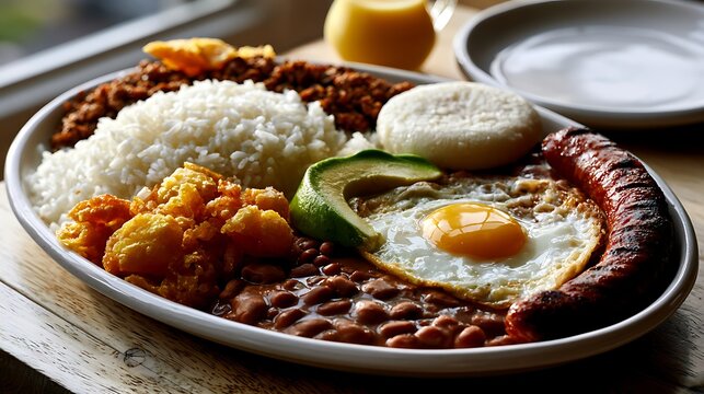 bandeja paisa on handmade oval white ceramic platter, positioned in the lower left third on a light rustic wood table. Loose white rice