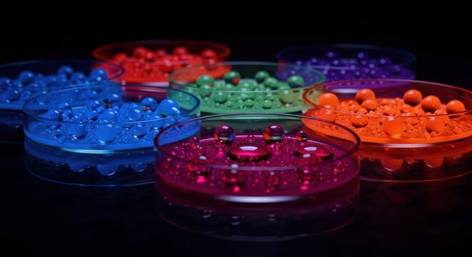 Vibrant Assortment of Glowing Hydrogel Beads in Petri Dishes.