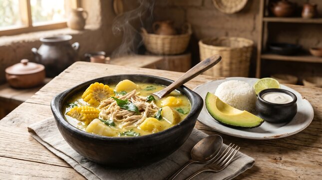 ajiaco bogotano in deep handmade clay bowl, positioned center-left on a light wood table with natural texture