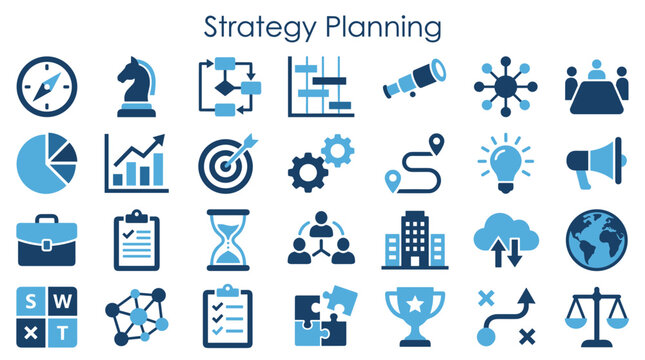 Competitive Strategy Icons Set Business Planning Growth Success Teamwork and Finance Concepts for Presentations and Infographics