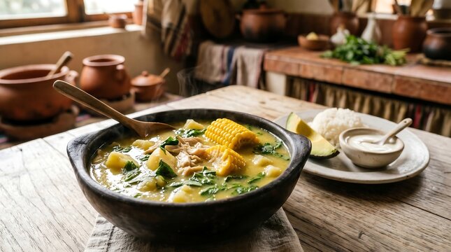 ajiaco bogotano in deep handmade clay bowl, positioned center-left on a light wood table with natural texture