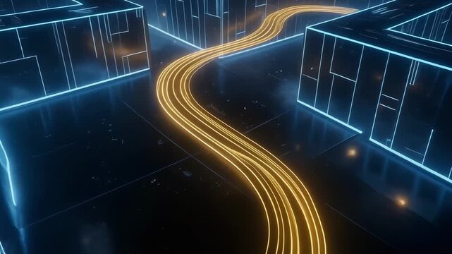 Glowing firefly navigating vibrant neon labyrinth with twisting paths and hidden glowing trails at night