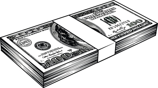 Stack of $100 bills bound with a paper strip cash dollars money