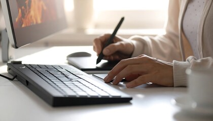 Fototapeta premium A person uses a stylus on a digital tablet, working on a project with a keyboard and monitor visible. The scene is bright and indoors