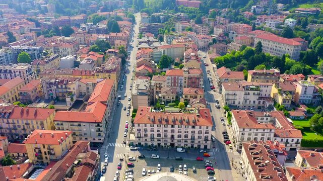 Turin, Italy. Gran Madre di Dio church, its monumental dome and Corinthian colonnade revealed in a sweeping aerial pullback over the Po River and Ponte Vittorio Emanuele I. Drone footage, Departure o