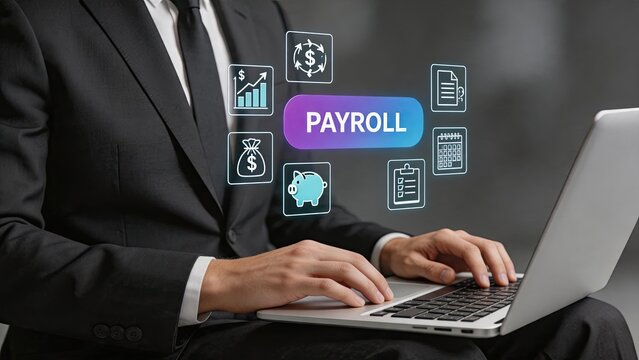 Payroll management concept with financial icons floating above laptop, representing salary processing and human resources accounting.