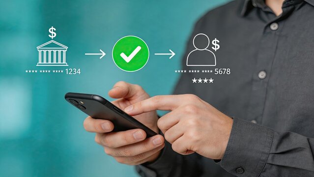Mobile banking app interface showing secure money transfer process from bank account to user wallet on smartphone screen with green checkmark approval icon for fintech payment