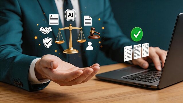Legal technology concept with lawyer using laptop for AI powered contract review and document analysis featuring justice scales and gavel icons for law firm automation efficiency