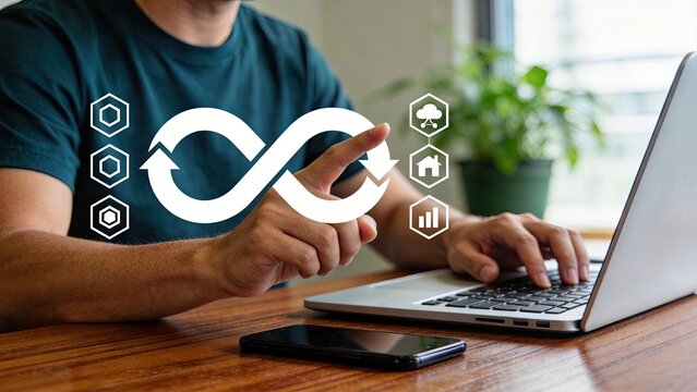 Man interacting with devops infinity loop symbol and cloud computing icons, software development lifecycle, continuous integration, automation process, agile methodology, tech