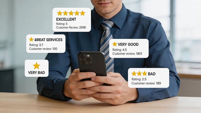 Businessman checking customer reviews and star ratings on smartphone screen, analyzing feedback data for service quality assessment in modern office environment.