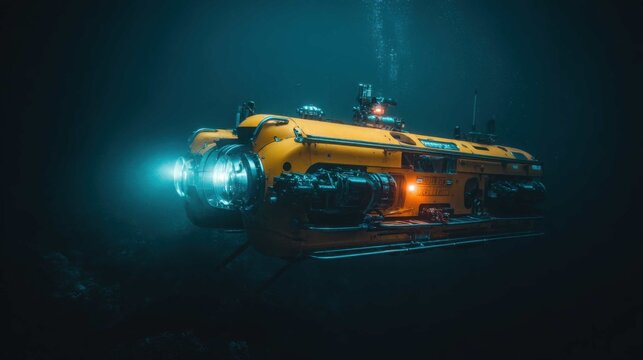 Advanced Yellow Deep-Sea Submersible Exploration Craft Illuminating Dark Ocean Depths