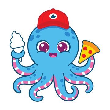 Octopus eating ice cream and pizza cartoon character