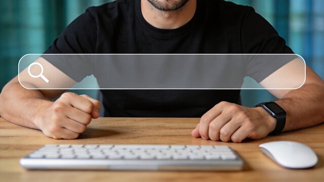 Man sitting at desk with search bar overlay, waiting for internet results, frustrated user experience concept, digital marketing and web browsing background, technology lifestyle