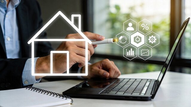 Businessman analyzing real estate property investment data on laptop, smart home management system interface, financial planning and mortgage calculation concept for housing