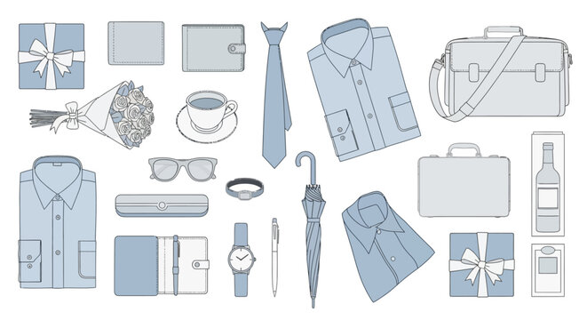 Business, office, and travel accessories, blue and gray vector icons, 25 elements, men's grooming and fashion