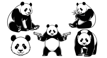 Naklejka premium Panda bear icons, black and white vector set, 5 panda illustrations, cartoon style, monochrome animals, funny gun-wielding panda, cute panda faces