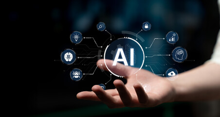 Obraz premium A concept of a multifunctional AI platform. This central intelligence hub powers various business operations, including automation, security, data analysis, and innovation. Fermion