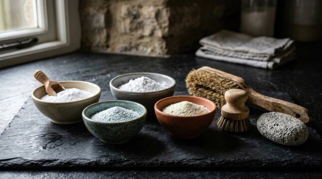 Natural cleaning powders including baking soda and citric acid in ceramic bowls arranged on dark slate with wooden scrub brushes, a pumice stone, and a wooden scoop by a window.