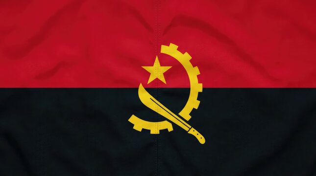 Waving Red and Black Angola Flag with Yellow Emblem on Fabric Background