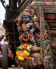 Fototapeta premium Ornate carved wooden figure on a temple chariot bracket with fresh flower offerings for cultural heritage tourism, traditional festival promotion and religious art editorial