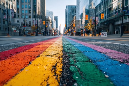 City Street Transformed with Vibrant Rainbow Colors Celebrating Pride Month