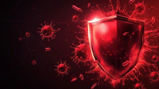 stylized germs and bacteria molecules in red tones attacking a shiny shield, healthcare concept in clean vector design