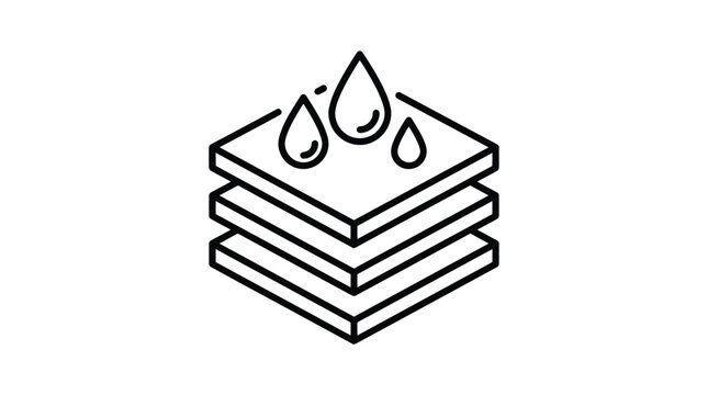 Minimalist line art illustration showing a stack of square layers with water droplets falling on top representing a waterproof material or a specialized protective coating technology