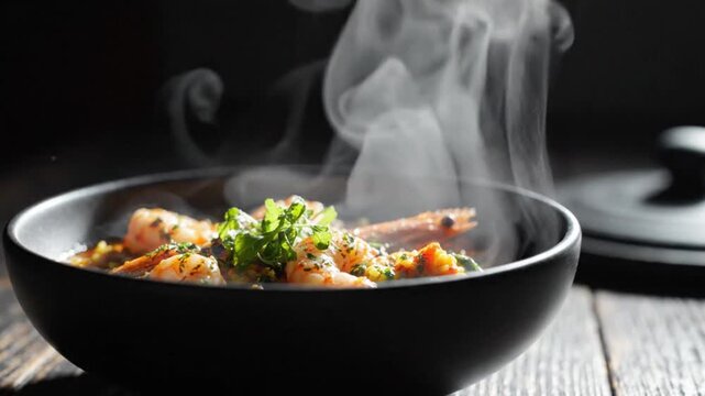 Steaming bowl of food on table.