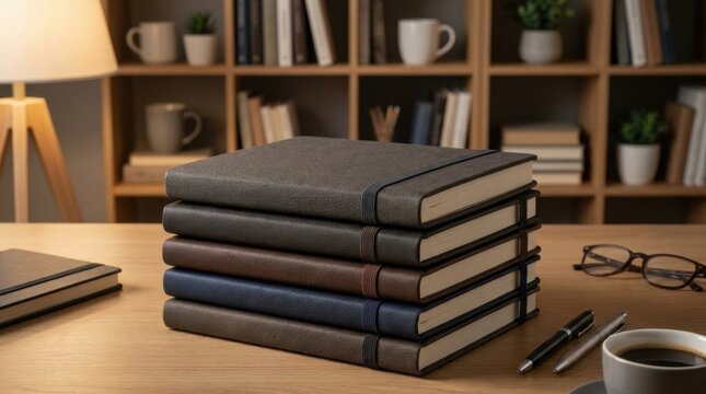 Stack of five professional hardcover notebooks with textured covers and elastic closures on a wooden desk with a coffee cup, pens, and eyeglasses in a blurred office library background.