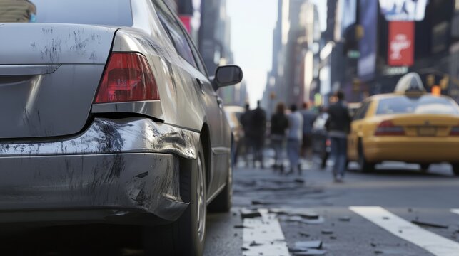 realistic scene of a silver sedan with a dented bumper stopped in traffic, people reacting with surprise, urban city backdrop during afternoon rush