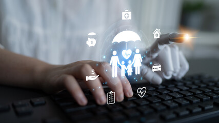 Fototapeta premium An AI assistant creates a personalized insurance plan for complete family protection. This smart system assesses risk to provide optimal coverage for health, life, and assets. Fermion
