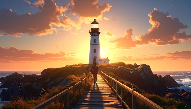 A person walks towards a lighthouse atop a rocky islet as the sun sets, casting warm hues across the sky and water