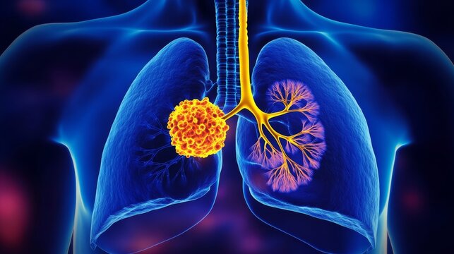 medical illustration of human lungs with highlighted cancerous tumor in the upper lobe, cross-section view showing bronchial tree and infected tissue, clean background