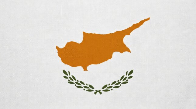 White Cyprus Flag with Orange Island Silhouette and Green Olive Branches on Plain Background
