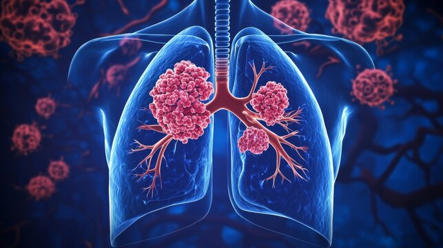 medical illustration of human lungs with highlighted cancerous tumor in the upper lobe, cross-section view showing bronchial tree and infected tissue, clean background
