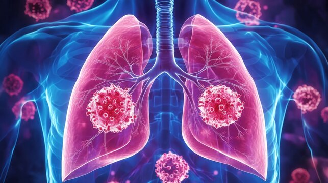 medical illustration of human lungs with highlighted cancerous tumor in the upper lobe, cross-section view showing bronchial tree and infected tissue, clean background
