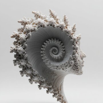Fractal Sculpture: A profile silhouette of a human head rendered in intricate fractal patterns, featuring a nautilus shell spiral within the skull, symbolizing complexity and the subconscious mind.
