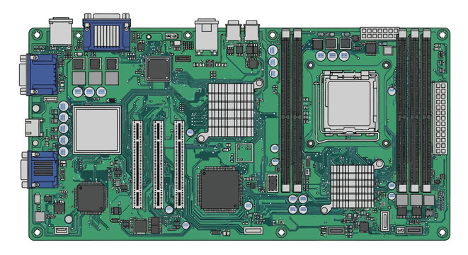 Computer motherboard with blue VGA ports and green circuit board