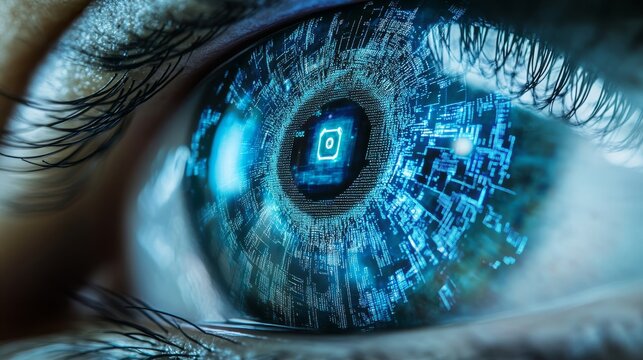 futuristic concept of smart contact lens, iris reflecting holographic UI, detailed microcircuit patterns visible on lens surface