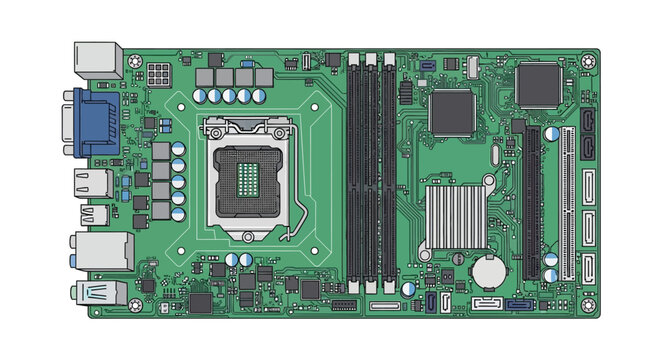 Computer motherboard with CPU socket and USB ports