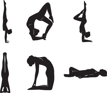 Collection of black female silhouettes practicing advanced inversions backbends gymnastics and intense yoga postures isolated on white background