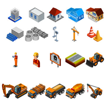 Modern construction infographic icon set for website banners and social media. Industrial building tool, engineering equipment symbol, architecture progress graphic, and safety helmet vector design.