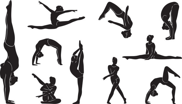 Collection of black female silhouettes practicing rhythmic gymnastics, advanced acrobatics, splits, and dynamic yoga poses isolated on white background