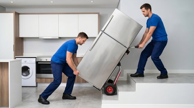 Two professional movers carefully transporting a large silver refrigerator up a short flight of stairs in a modern home.